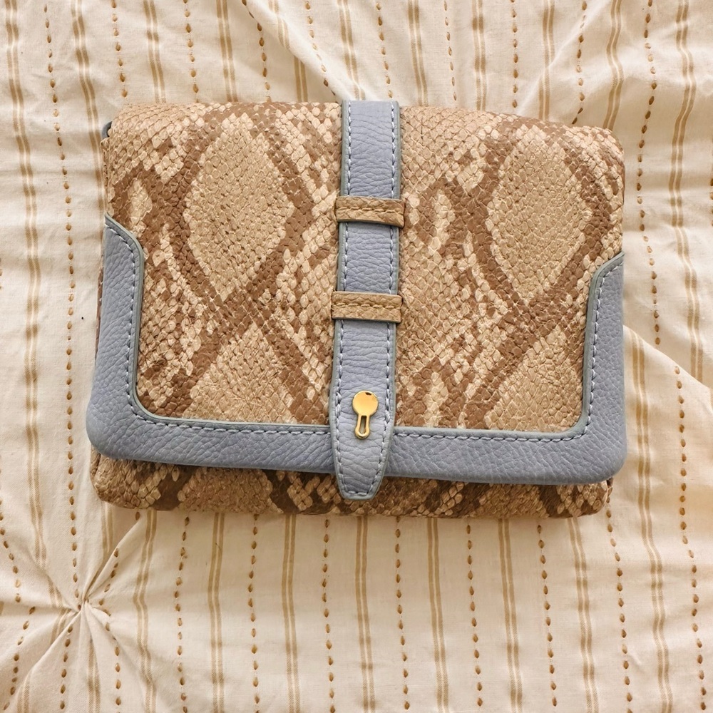 Periwinkle-tan snake print crossbody/clutch